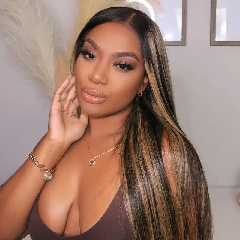 Balayage Highlight Colored HD Transparent 13x4 Lace Frontal Wigs 1B/27 Straight Human Hair Wigs Free Part