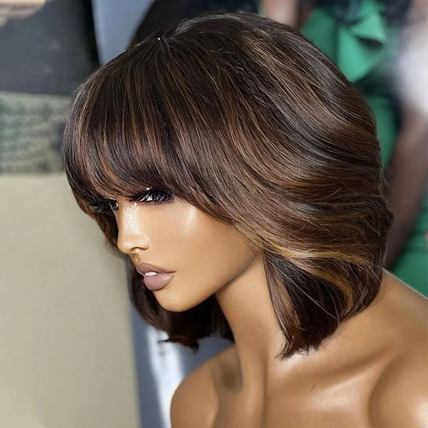 Highlight Blonde Bob Wig with Bangs Mix Color Short Straight Human Hair Wigs with Fringe Bangs