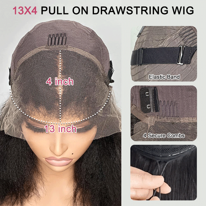 4C Edges Balayage Highlights Pull Go Drawstring Wig Kinky Straight Glueless Human Hair Wigs