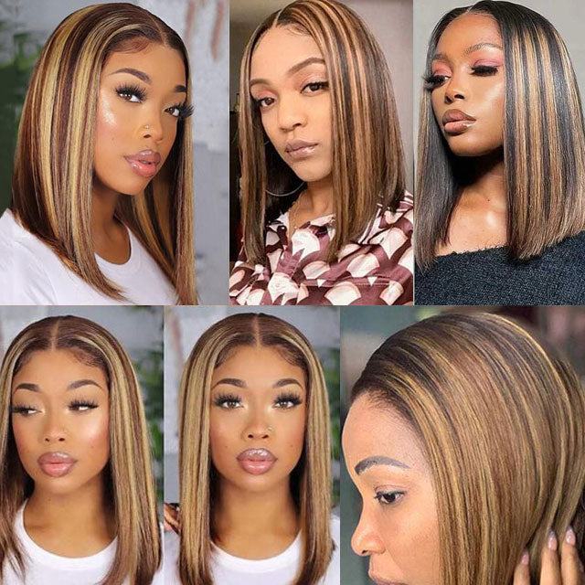 Honey Blonde Piano Highlights Color Bob Human Hair Wig Short Cut Wigs