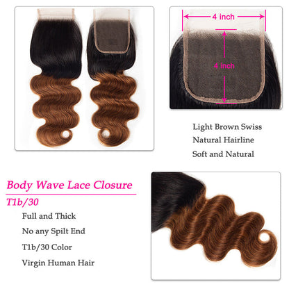 Ombre 1B30 Body Wave Human Hair 3 Bundles With 4x4 Lace Closure