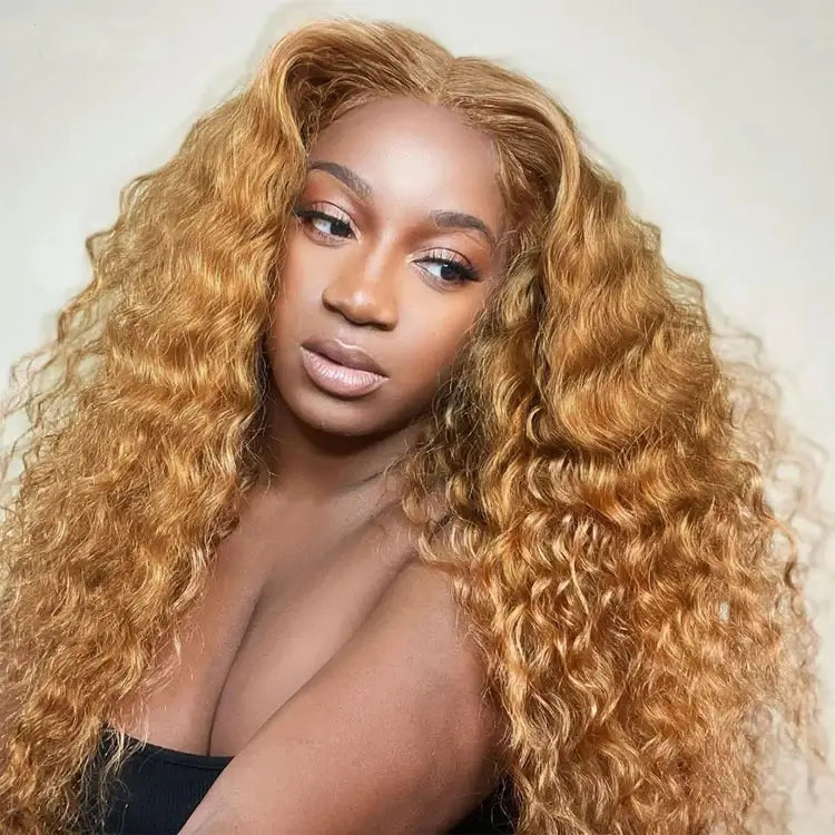 Deep Wave #27 Colored Human Hair Wigs Honey Blonde 13x4 13x6 HD Transparent Lace Frontal Wigs