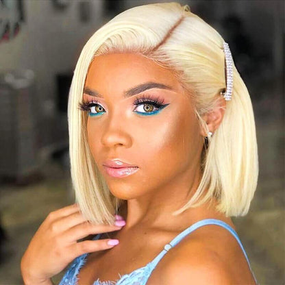 613 Blonde Straight Human Hair HD Transparent 13x4 Lace Front Short Bob Wigs