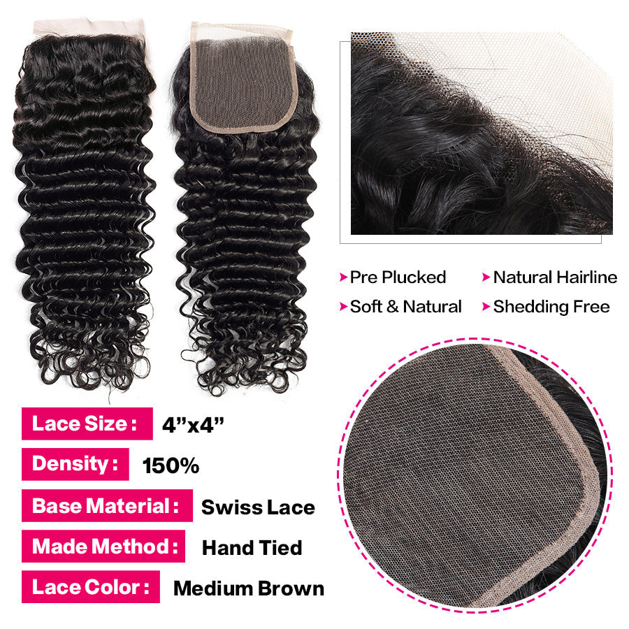 Deep Wave Human Hair 3 Bundles With 4x4 Lace Closure
