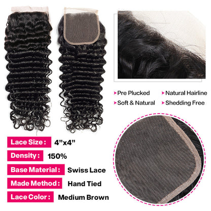 Deep Wave Human Hair 3 Bundles With 4x4 Lace Closure