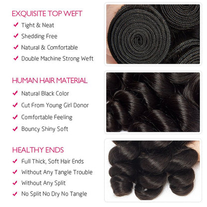Loose Wave Human Hair 3 Bundles With 4x4 Lace Closure Human Hair Weft
