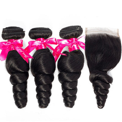 Loose Wave Human Hair 3 Bundles With 4x4 Lace Closure Human Hair Weft