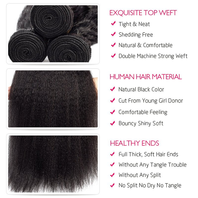 Kinky Straight Human Hair 3 Bundles With 4x4 Lace Closure