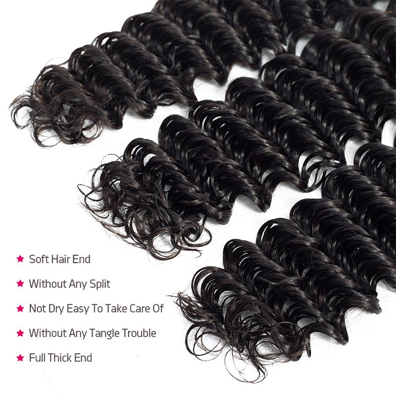 Deep Wave Virgin Hair Weave 3 Bundles With 13*4 Lace Frontal