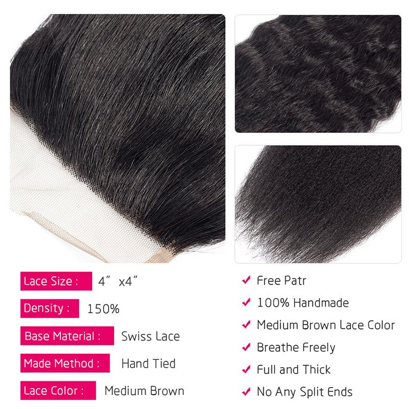 Kinky Straight Human Hair 3 Bundles With 4x4 Lace Closure