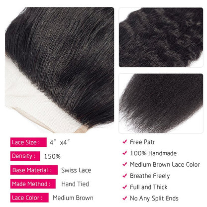 Kinky Straight Human Hair 3 Bundles With 4x4 Lace Closure