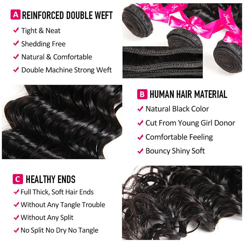 Deep Wave Virgin Hair Weave 3 Bundles With 13*4 Lace Frontal