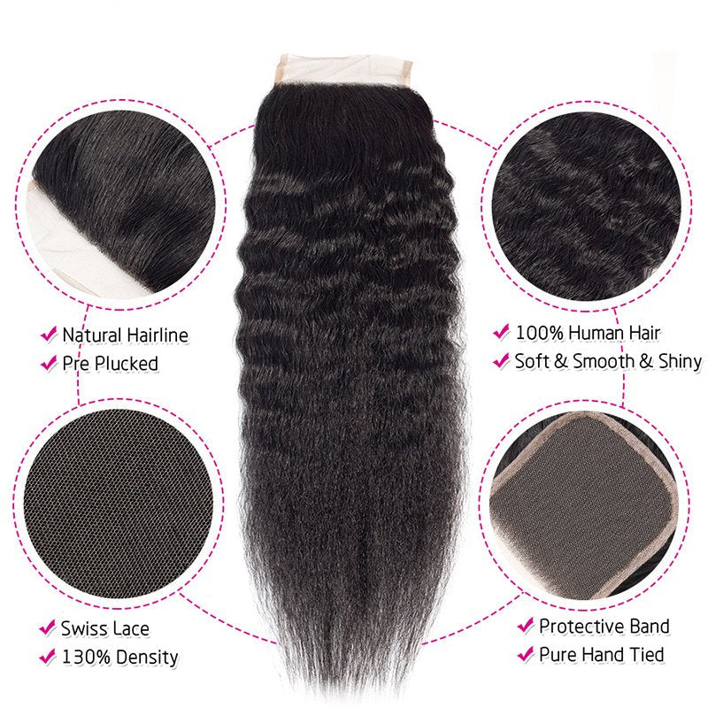 Kinky Straight Human Hair 3 Bundles With 4x4 Lace Closure