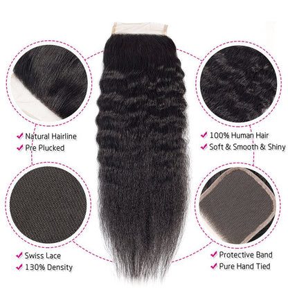 Kinky Straight Human Hair 3 Bundles With 4x4 Lace Closure
