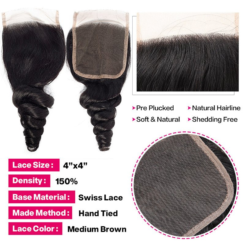Loose Wave Human Hair 3 Bundles With 4x4 Lace Closure Human Hair Weft