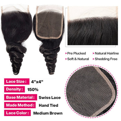 Loose Wave Human Hair 3 Bundles With 4x4 Lace Closure Human Hair Weft