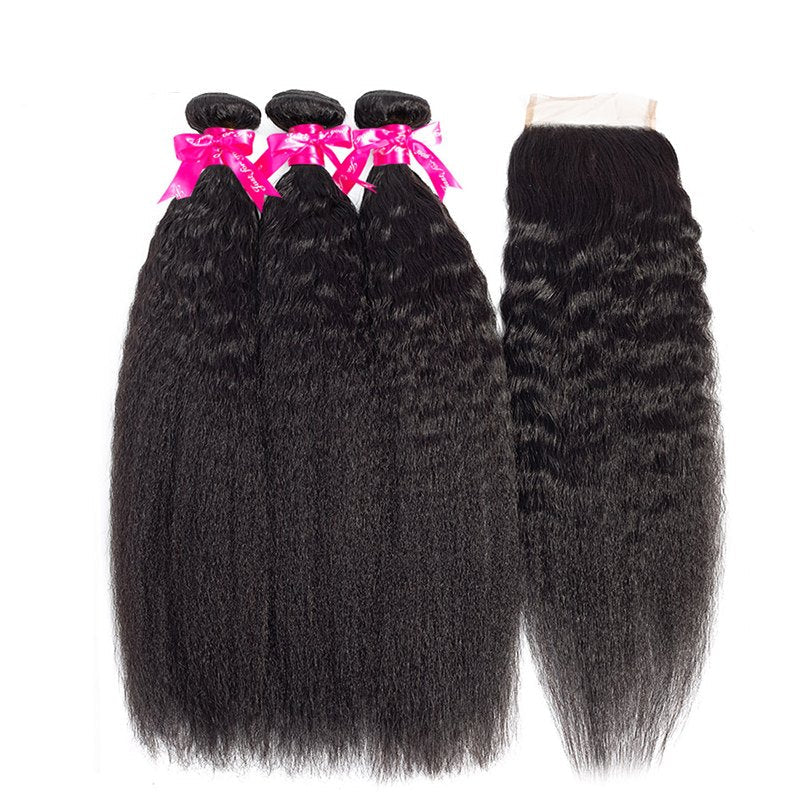Kinky Straight Human Hair 3 Bundles With 4x4 Lace Closure