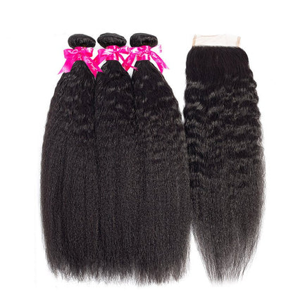Kinky Straight Human Hair 3 Bundles With 4x4 Lace Closure