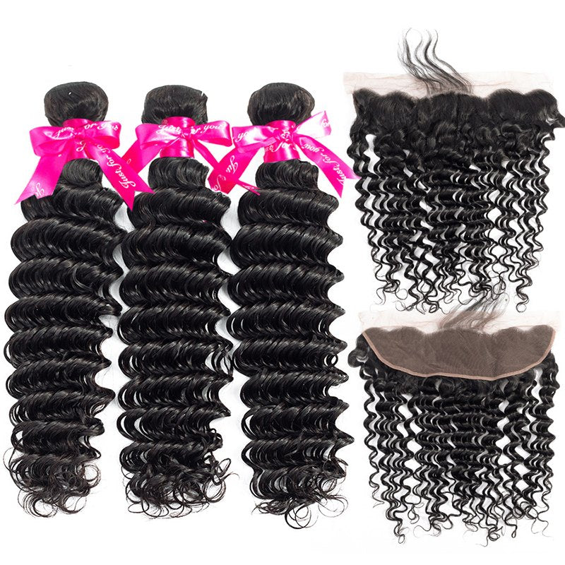 Deep Wave Virgin Hair Weave 3 Bundles With 13*4 Lace Frontal