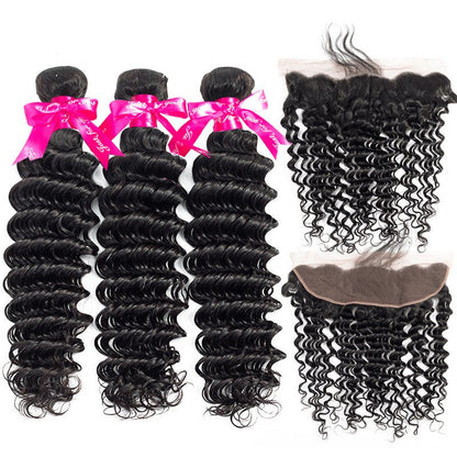 Deep Wave Virgin Hair Weave 3 Bundles With 13*4 Lace Frontal
