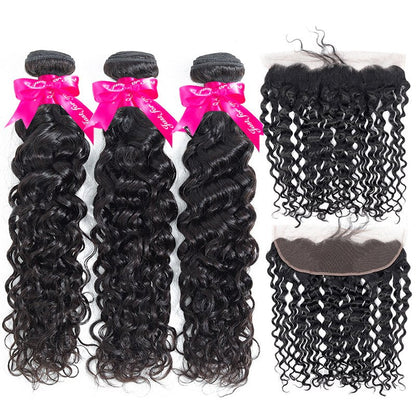 Brazilian Water Wave Virgin Hair Weave 3 Bundles With 13*4 Lace Frontal
