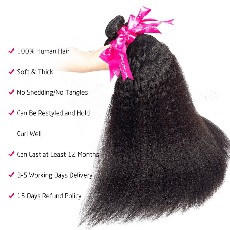Kinky Straight Human Hair 3 Bundles With 4x4 Lace Closure