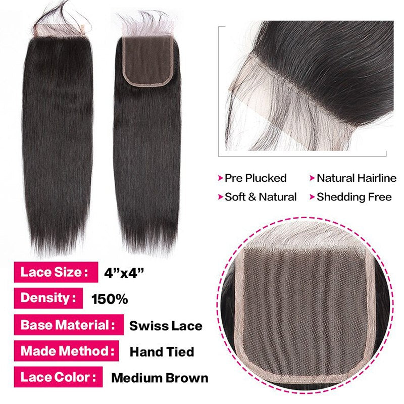 Straight Human Hair 3 Bundles With 4x4 Lace Closure