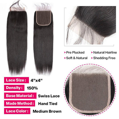 Straight Human Hair 3 Bundles With 4x4 Lace Closure