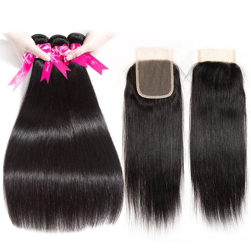 Straight Human Hair 3 Bundles With 4x4 Lace Closure