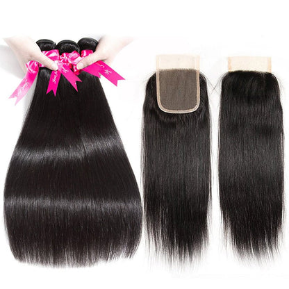 Straight Human Hair 3 Bundles With 4x4 Lace Closure