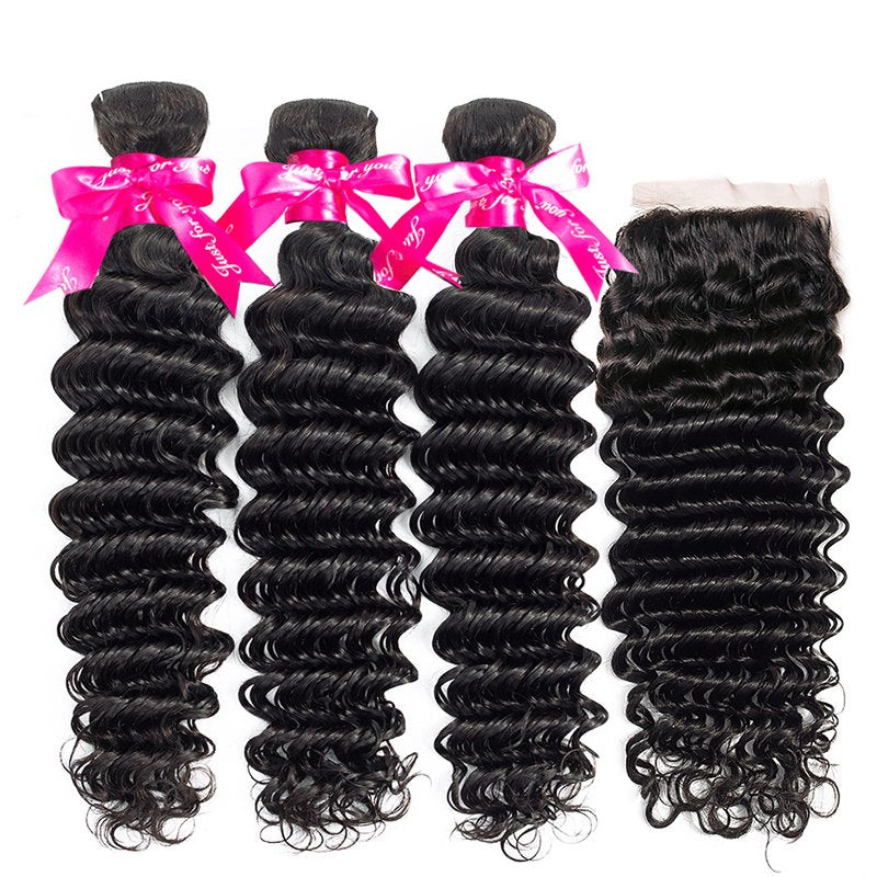 Deep Wave Human Hair 3 Bundles With 4x4 Lace Closure