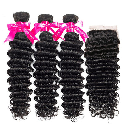 Deep Wave Human Hair 3 Bundles With 4x4 Lace Closure