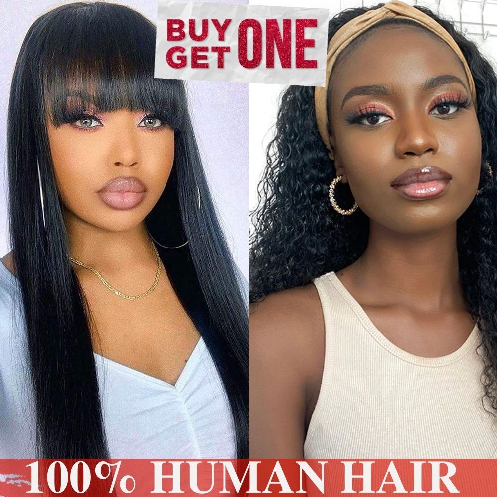 Buy 1 Get 1 Free Straight Wigs With Bangs + Water Wave Headband Wig Special Offer