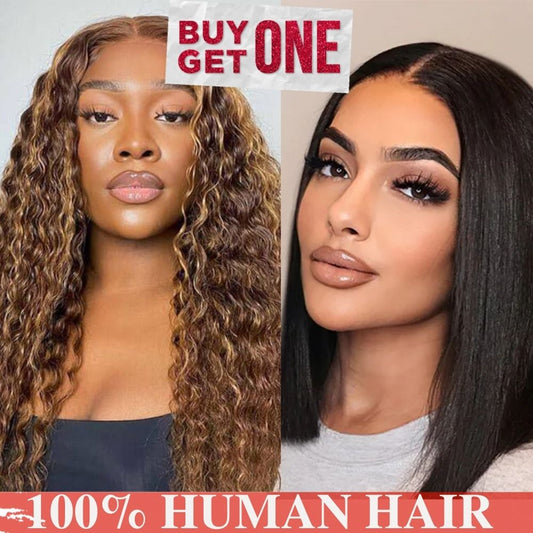 Buy One Get One Free Deep Wave 4/27 Highlight Wig + 12A Grade Straight Bob wig Special Offer