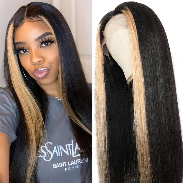 Skunk Stripe Wig with Honey Blonde Highlights Straight 13*4 Human Hair Lace Frontal Wig