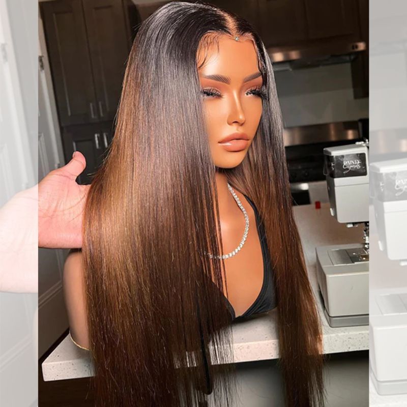 Ombre Brown Color Straight Human Hair Wigs Glueless HD Lace Wigs