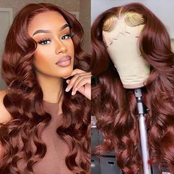 Subella #33 Reddish Brown Auburn 13x4 HD Transparent Lace Front Wig Body Wave Human Hair Colored Wigs