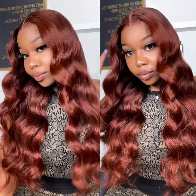 Subella #33 Reddish Brown Auburn 13x4 HD Transparent Lace Front Wig Body Wave Human Hair Colored Wigs