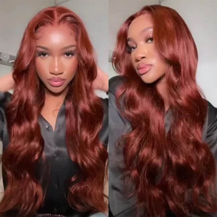 Subella #33 Reddish Brown Auburn 13x4 HD Transparent Lace Front Wig Body Wave Human Hair Colored Wigs