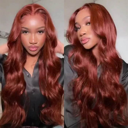 Subella #33 Reddish Brown Auburn 13x4 HD Transparent Lace Front Wig Body Wave Human Hair Colored Wigs