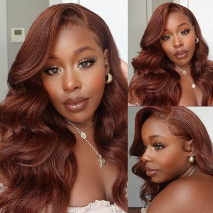 Subella #33 Reddish Brown Auburn 13x4 HD Transparent Lace Front Wig Body Wave Human Hair Colored Wigs