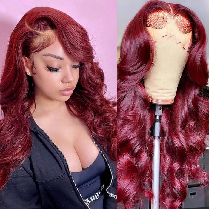 99J Body Wave 13x4 Burgundy HD Lace Front Pre Plucked Colored Human Hair Wigs for Women