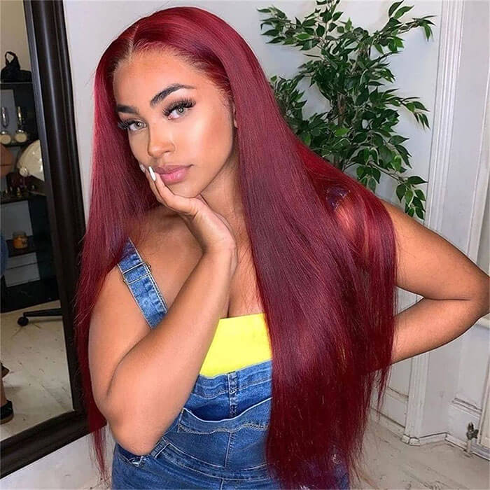 99J Straight 13x4 Burgundy HD Transparent Lace Front Pre Plucked Colored Human Hair Wigs for Women