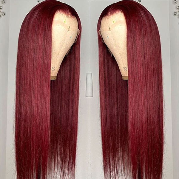 99J Straight 13x4 Burgundy HD Transparent Lace Front Pre Plucked Colored Human Hair Wigs for Women