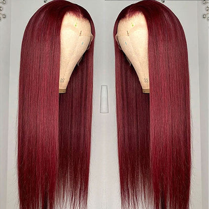 99J Straight 13x4 Burgundy HD Transparent Lace Front Pre Plucked Colored Human Hair Wigs for Women