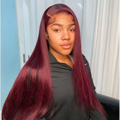 99J Straight 13x4 Burgundy HD Transparent Lace Front Pre Plucked Colored Human Hair Wigs for Women