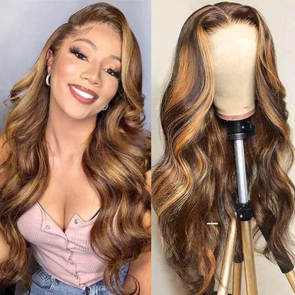 Ombre Highlight Wigs 13x4 Lace Front Wigs Human Hair Body Wave Wigs #4/27 Glueless Wigs