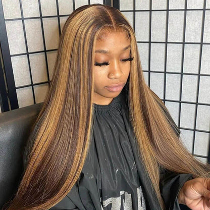 4/27 Honey Blonde Highlight HD Transparent Lace Front Wigs Ombre Color Straight Human Hair Wigs