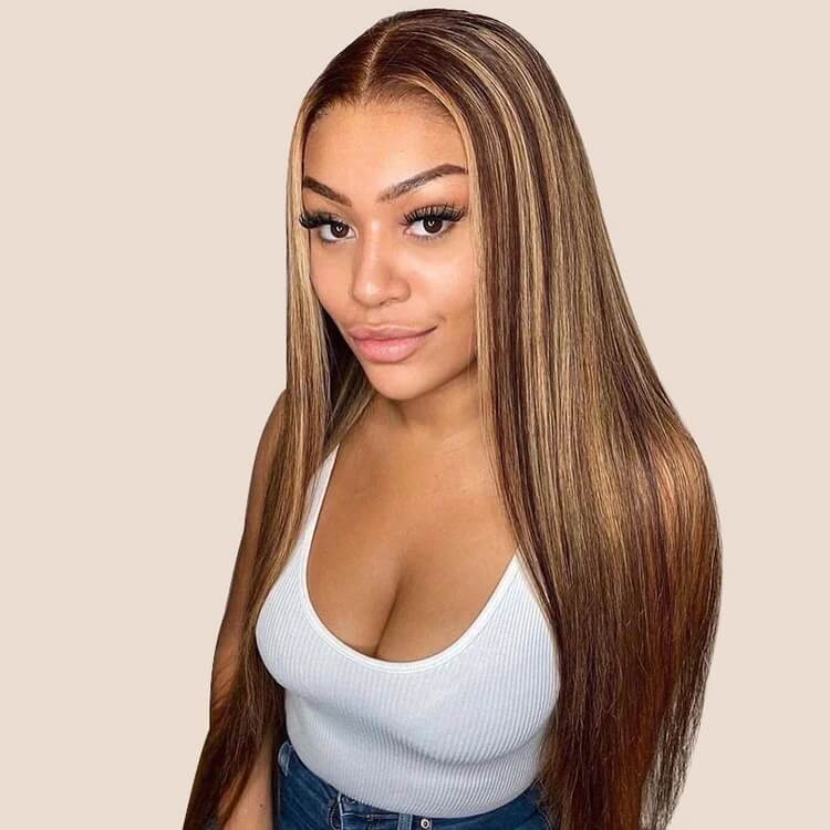4/27 Honey Blonde Highlight HD Transparent Lace Front Wigs Ombre Color Straight Human Hair Wigs