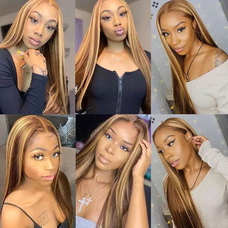 4/27 Honey Blonde Highlight HD Transparent Lace Front Wigs Ombre Color Straight Human Hair Wigs